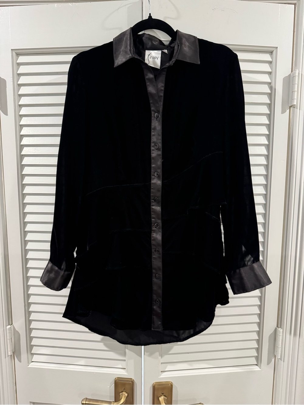 Finley Black Velvet Button-Down with Satin Trim